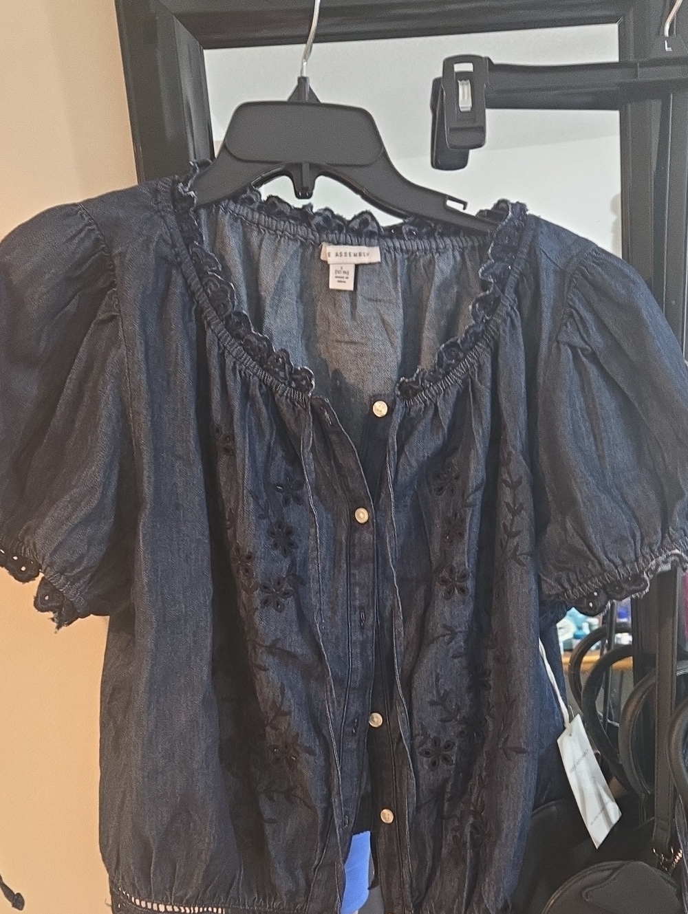 Three Assembly Blue Chambray Off-Shoulder Top - Blue